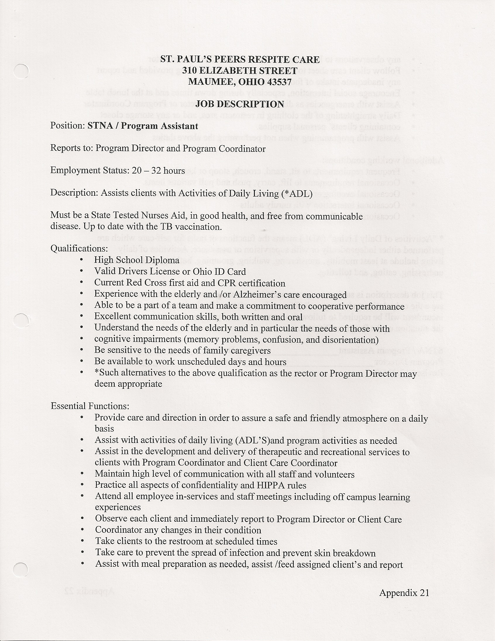 STNA/Program Assistant Job Description - page 1