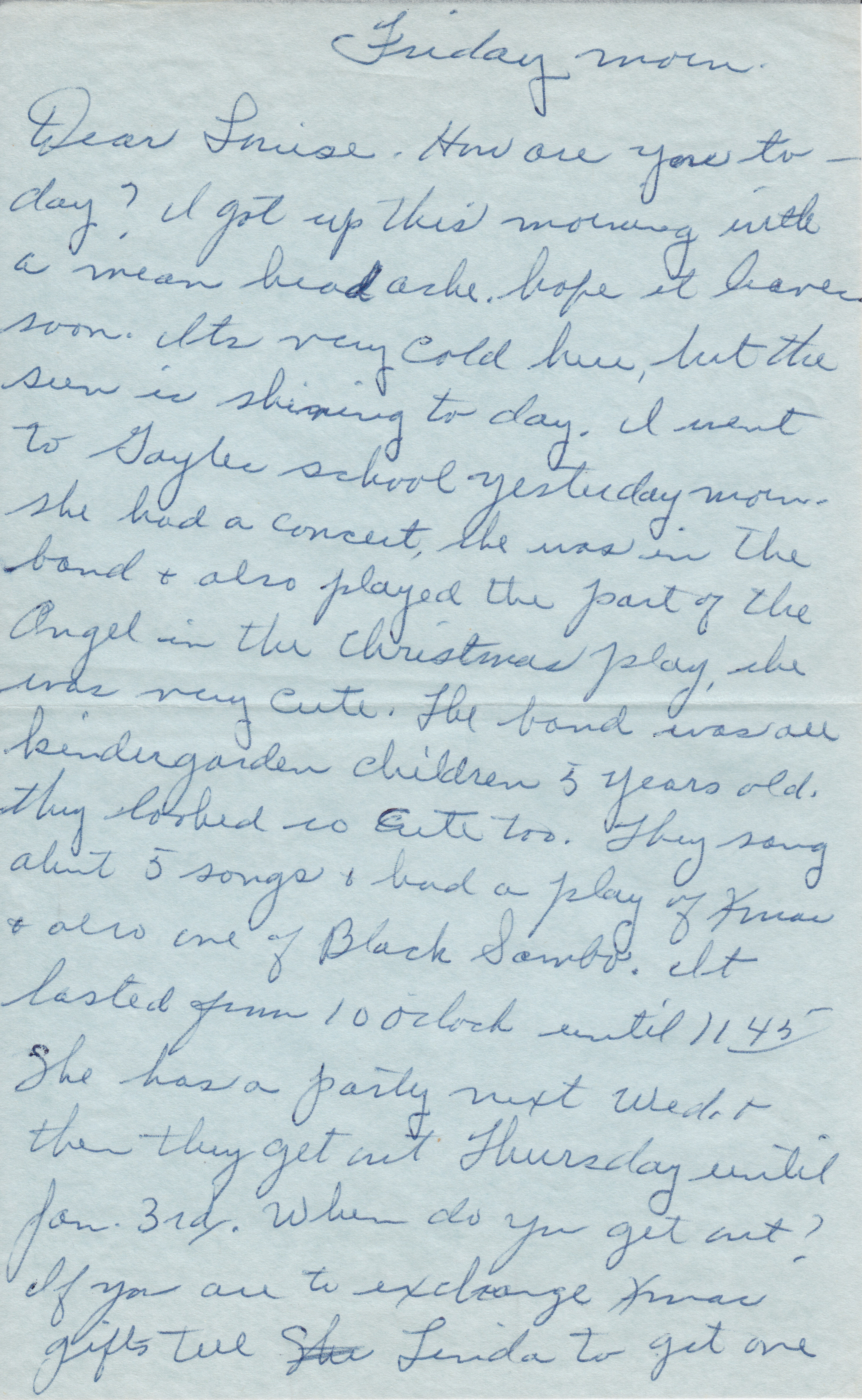Letter Lola to Louise, Friday Morn, page 1
