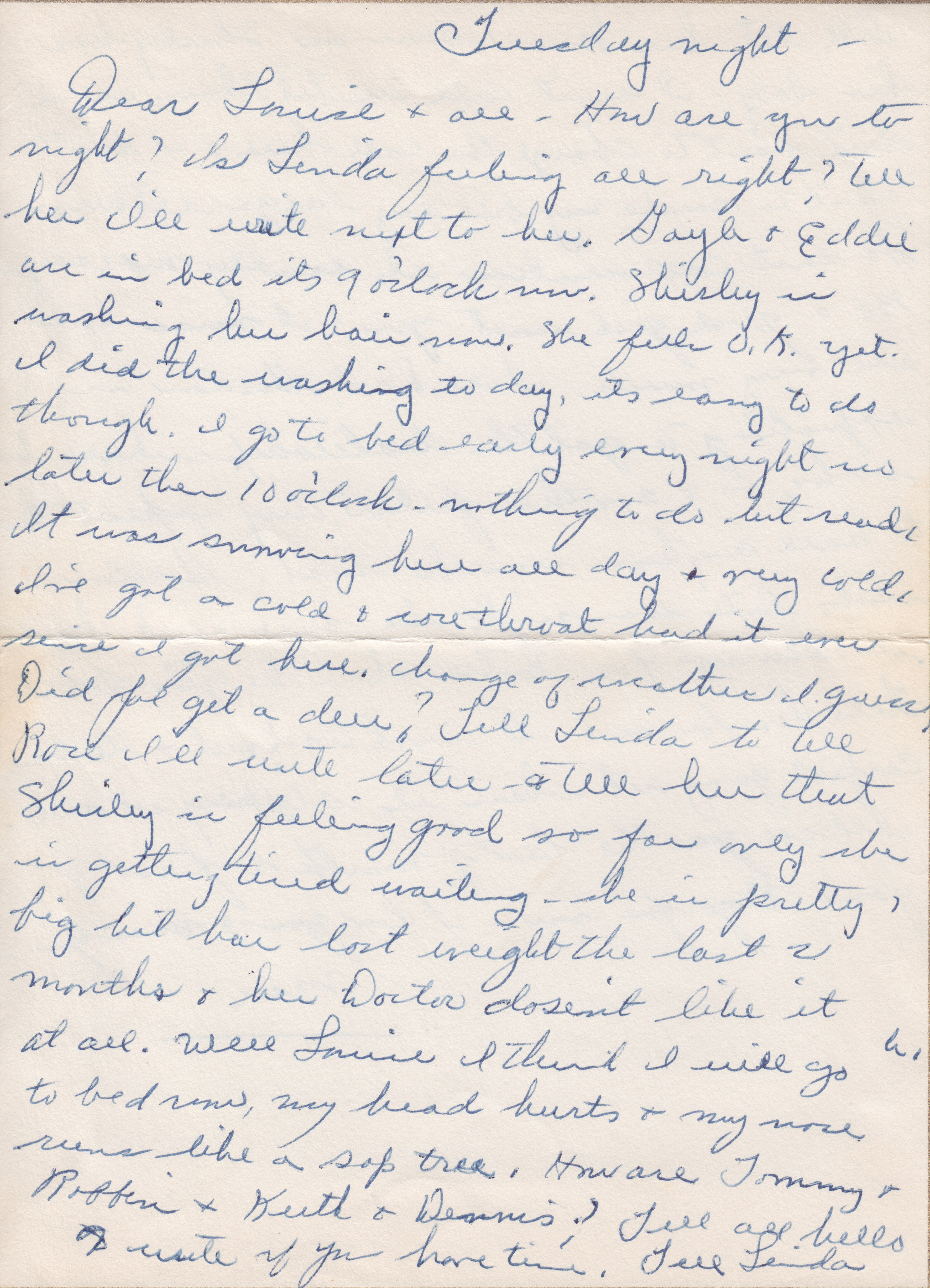 Letter Lola to Louise, Tuesday Night, page 1