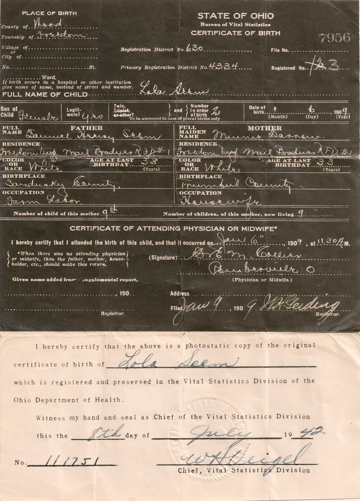 Lola Louise Seen Birth Certificate