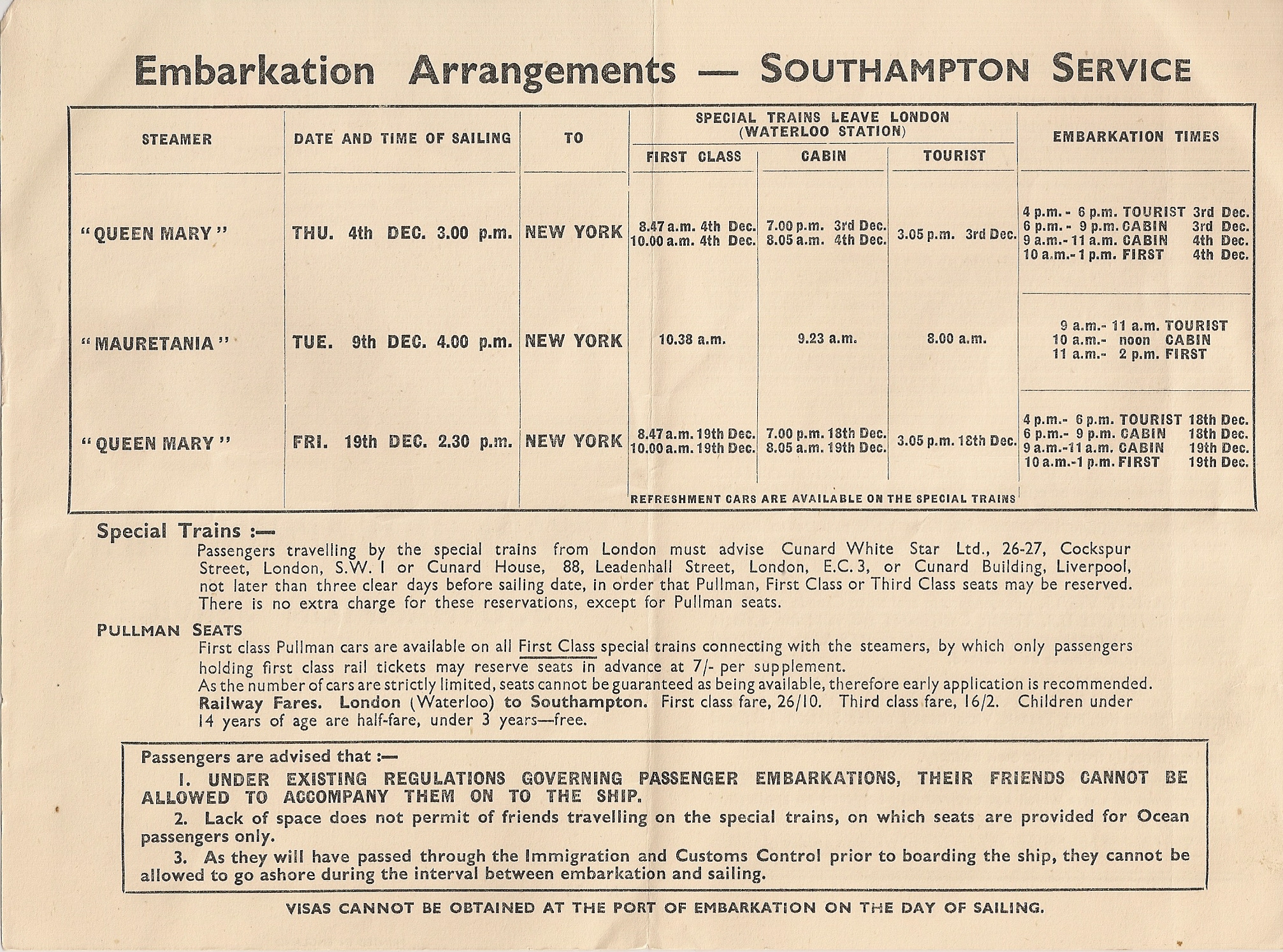Cunard Embarkation Arrangements, Southampton, December, 1947, page 1