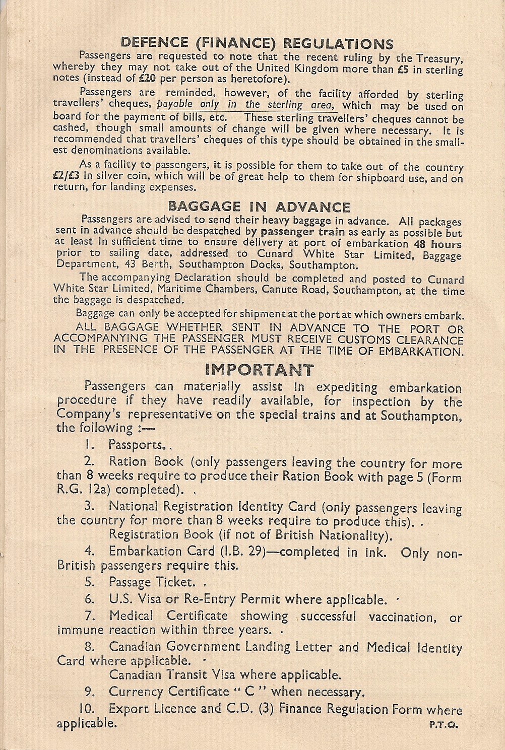 Cunard Embarkation Arrangements, Southampton, December, 1947, page 2