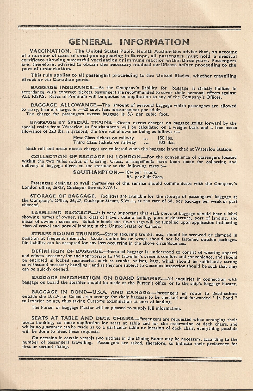 Cunard Embarkation Arrangements, Southampton, December, 1947, page 3