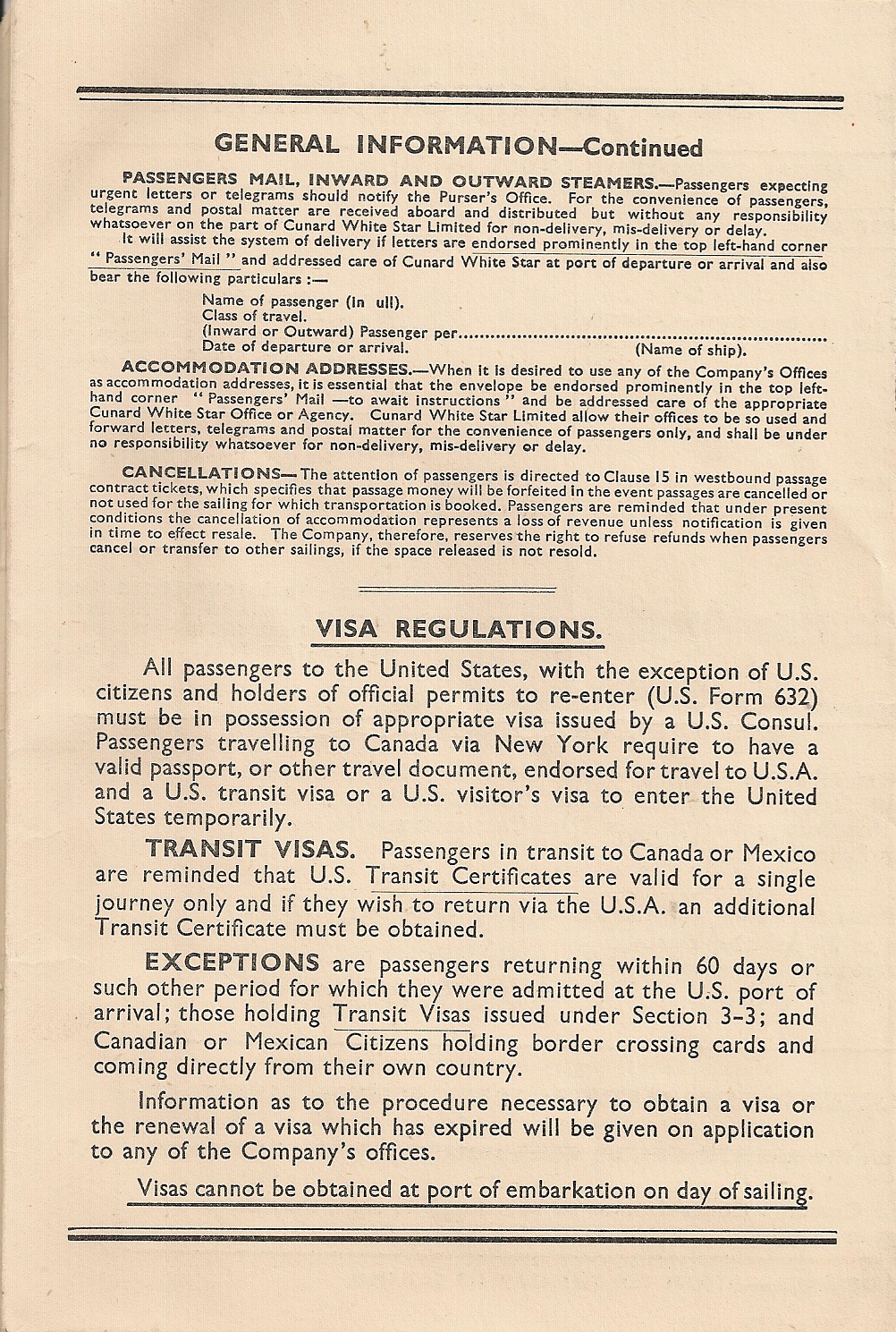 Cunard Embarkation Arrangements, Southampton, December, 1947, page 4