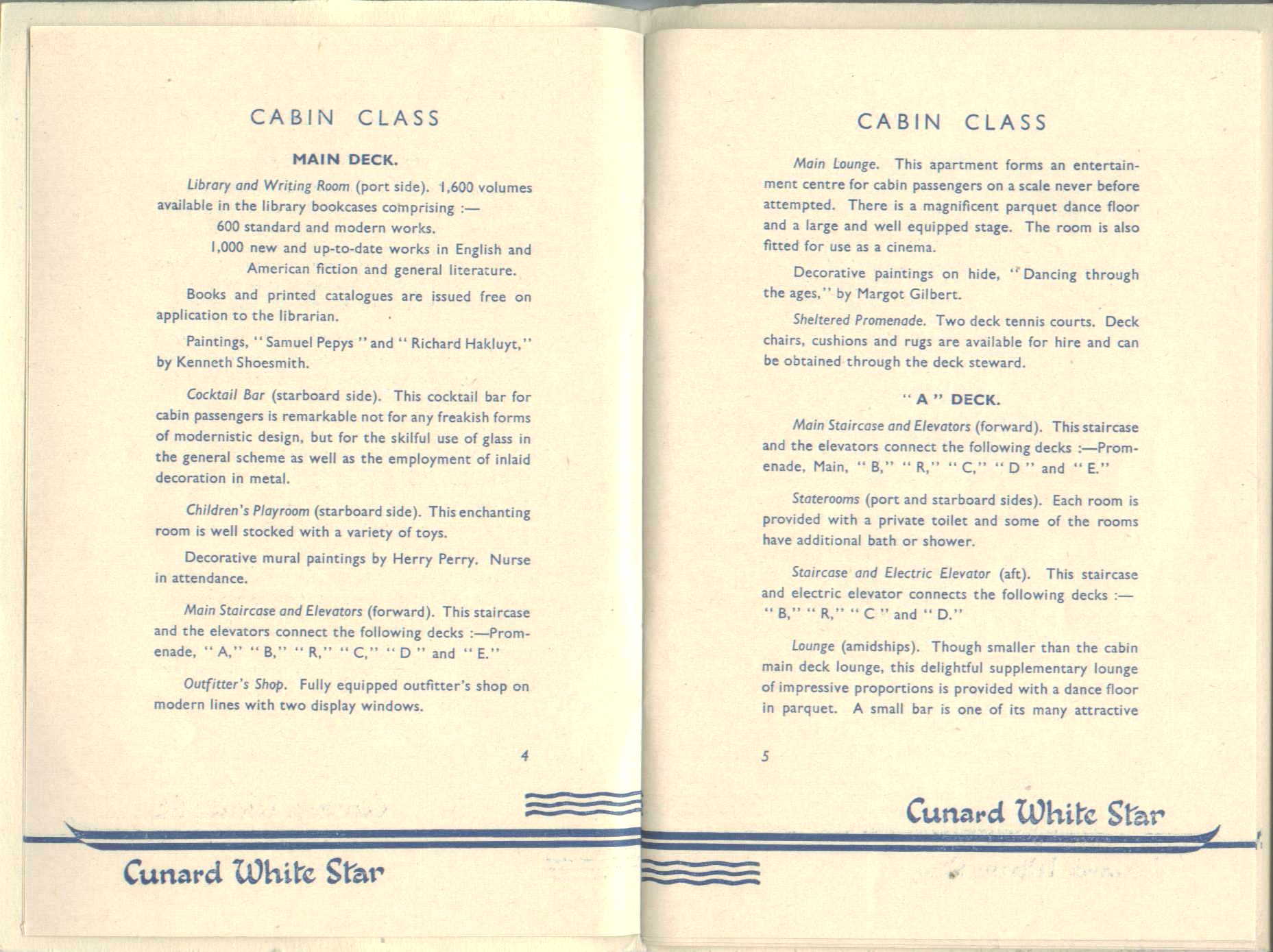 R.M.S. Queen Mary Passenger Guide, page 4-5