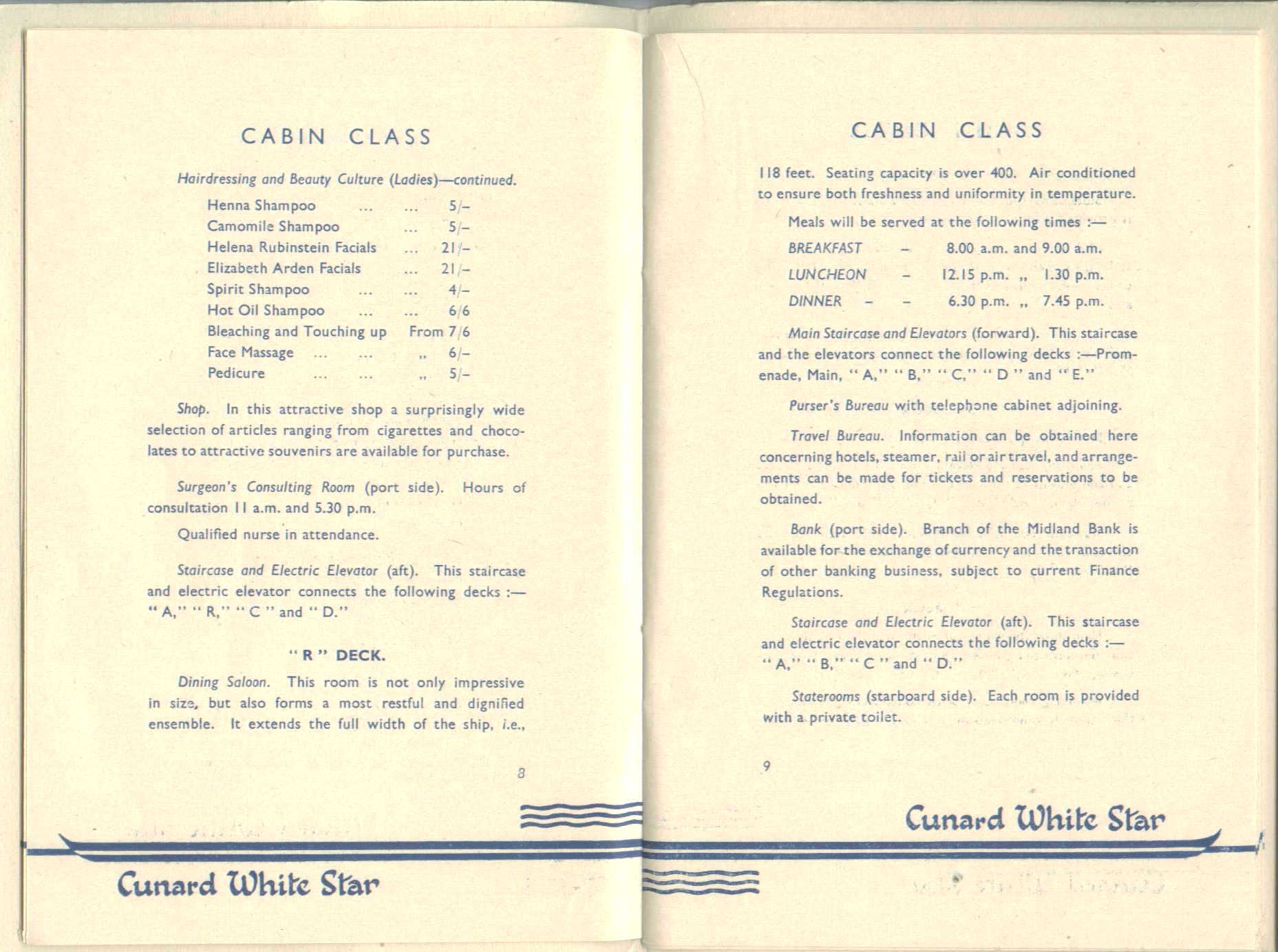 R.M.S. Queen Mary Passenger Guide, page 8-9