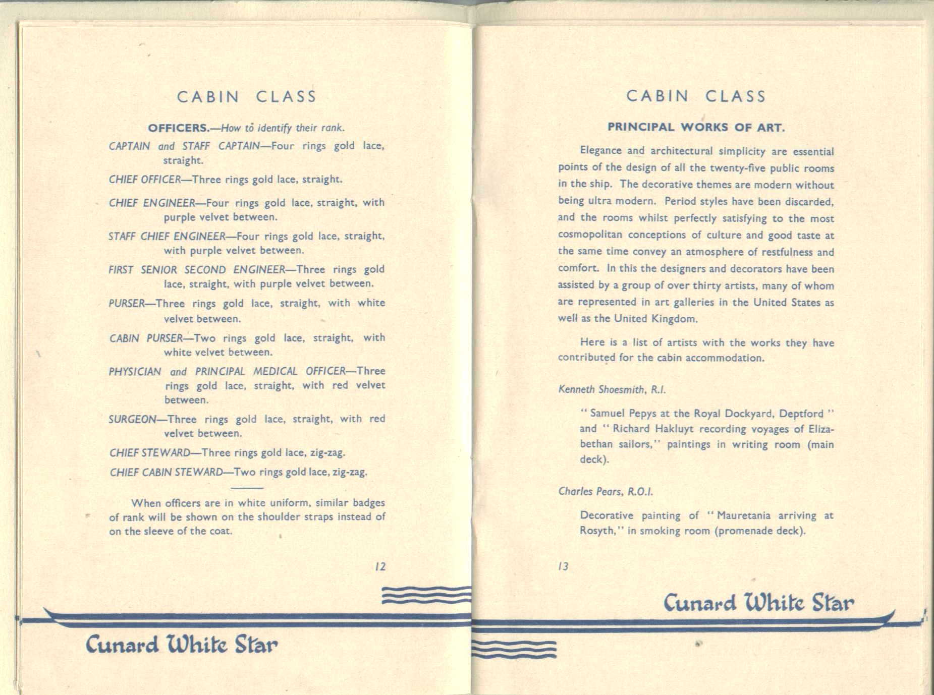 R.M.S. Queen Mary Passenger Guide, page 12-13