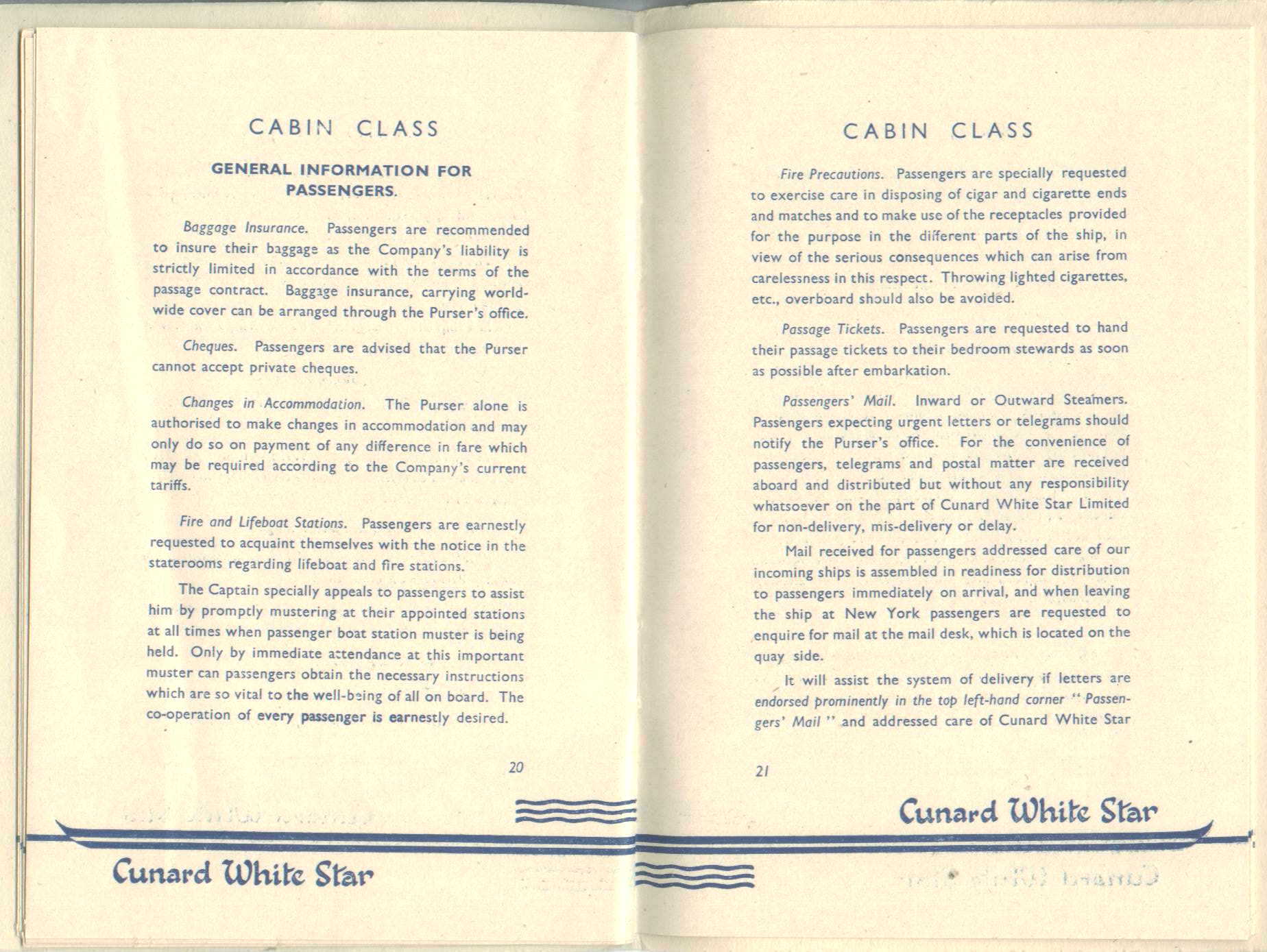 R.M.S. Queen Mary Passenger Guide, page 20-21