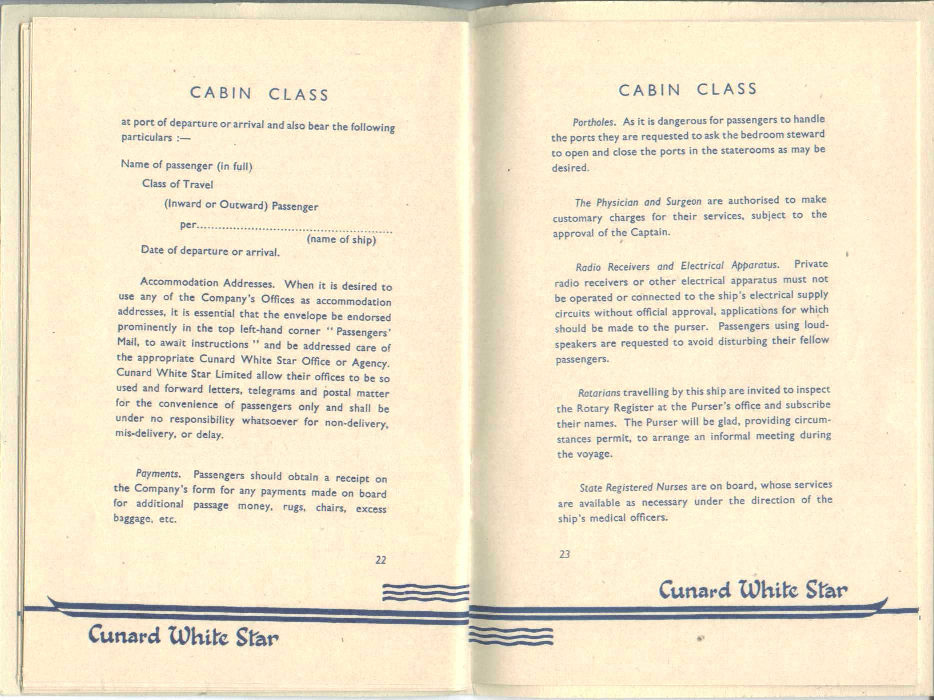 R.M.S. Queen Mary Passenger Guide, page 22-23