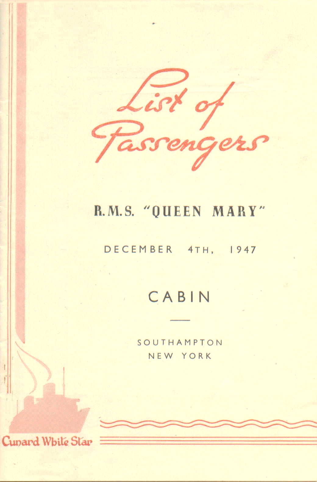 R.M.S. Queen Mary List of Passengers, 12-4-1947, title page