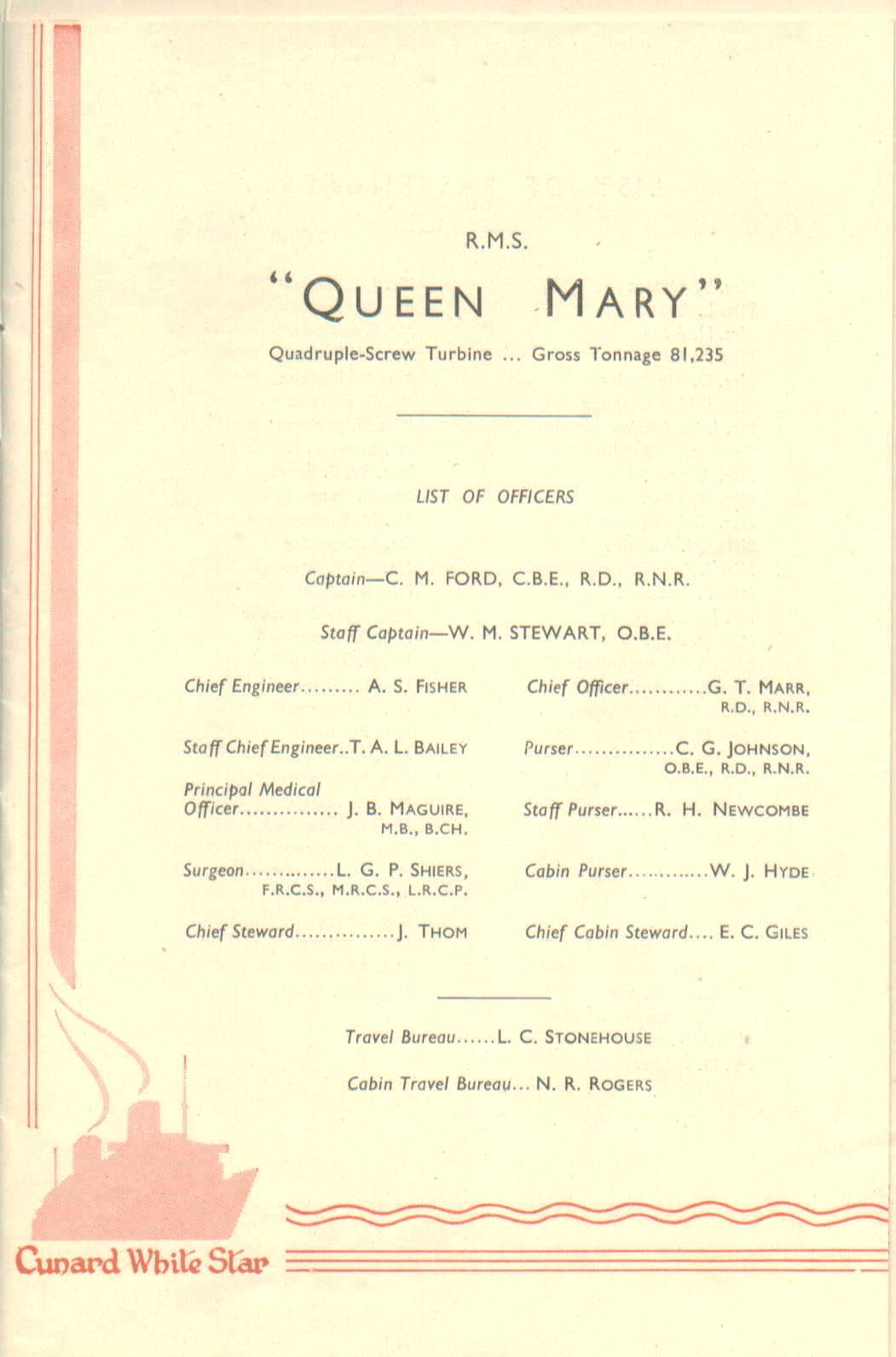 R.M.S. Queen Mary List of Passengers, 12-4-1947, officers page