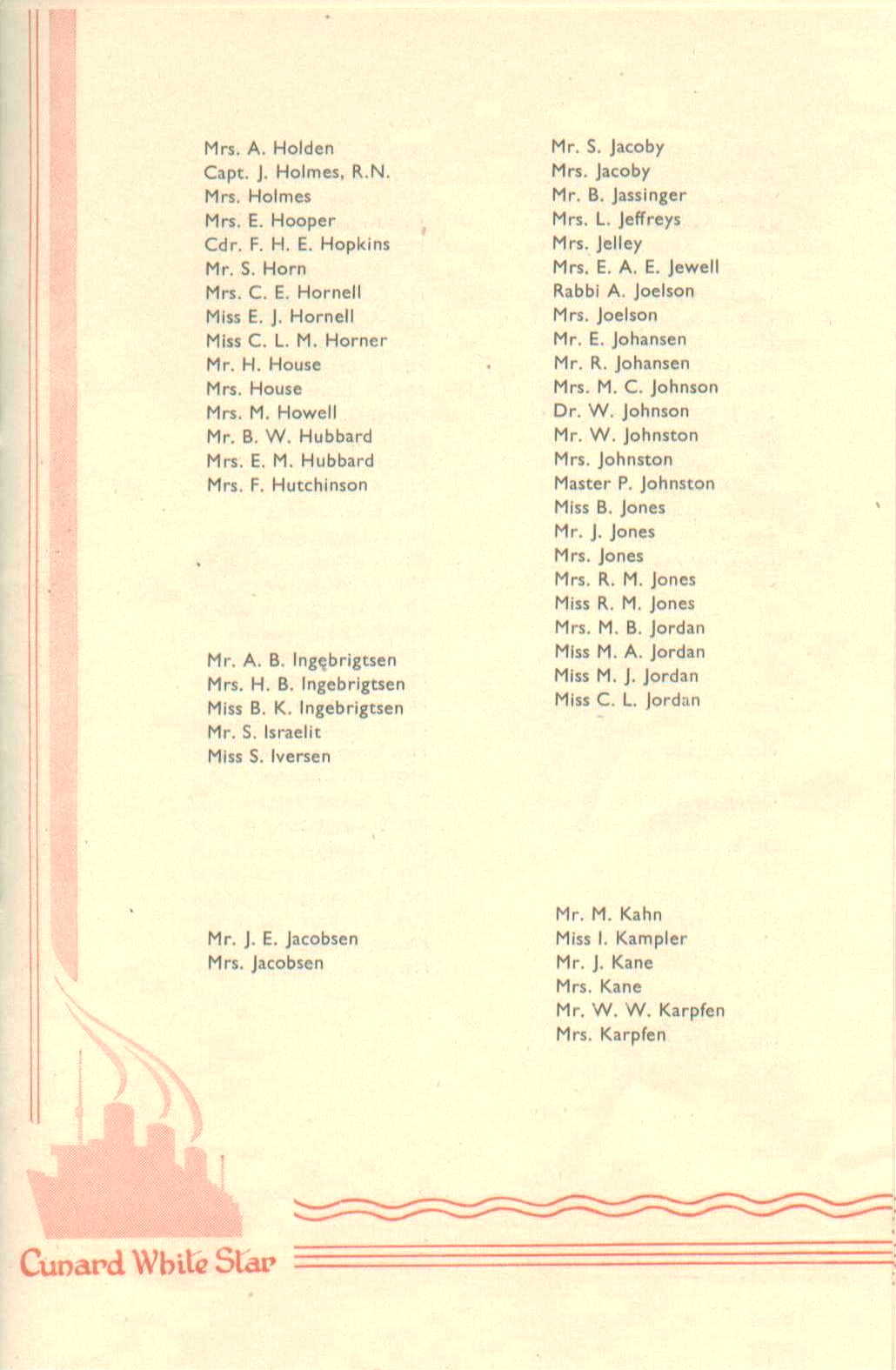 R.M.S. Queen Mary List of Passengers, 12-4-1947, passenger page 6