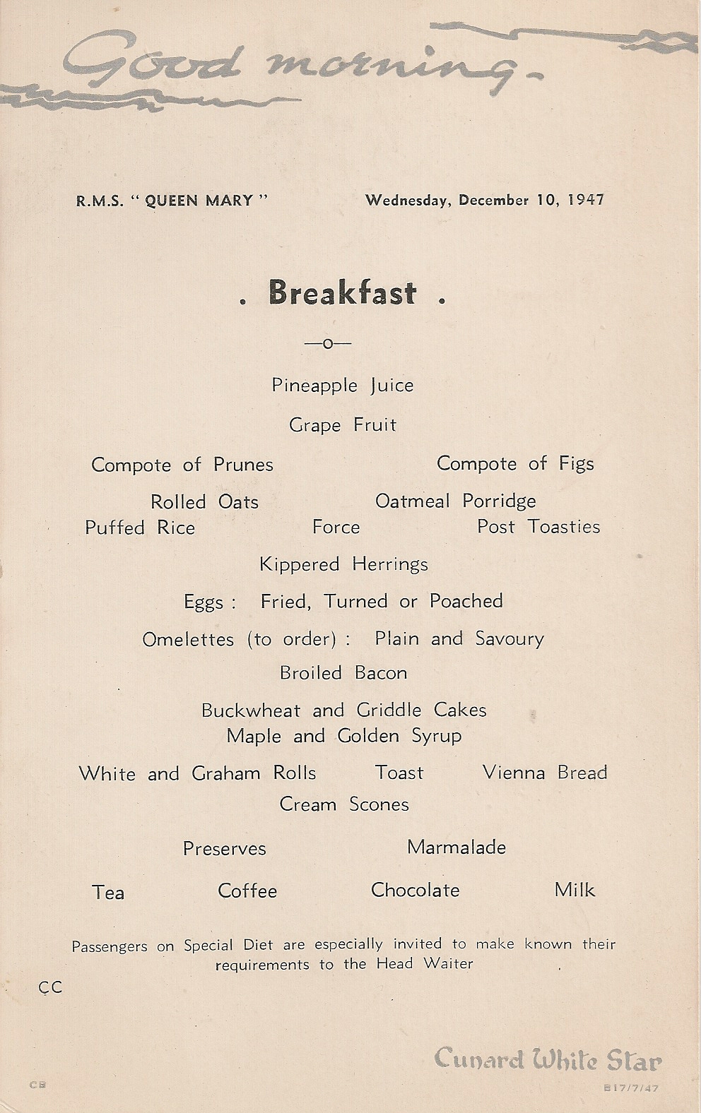 R.M.S. Queen Mary Breakfast Menu, Dec. 10, 1947