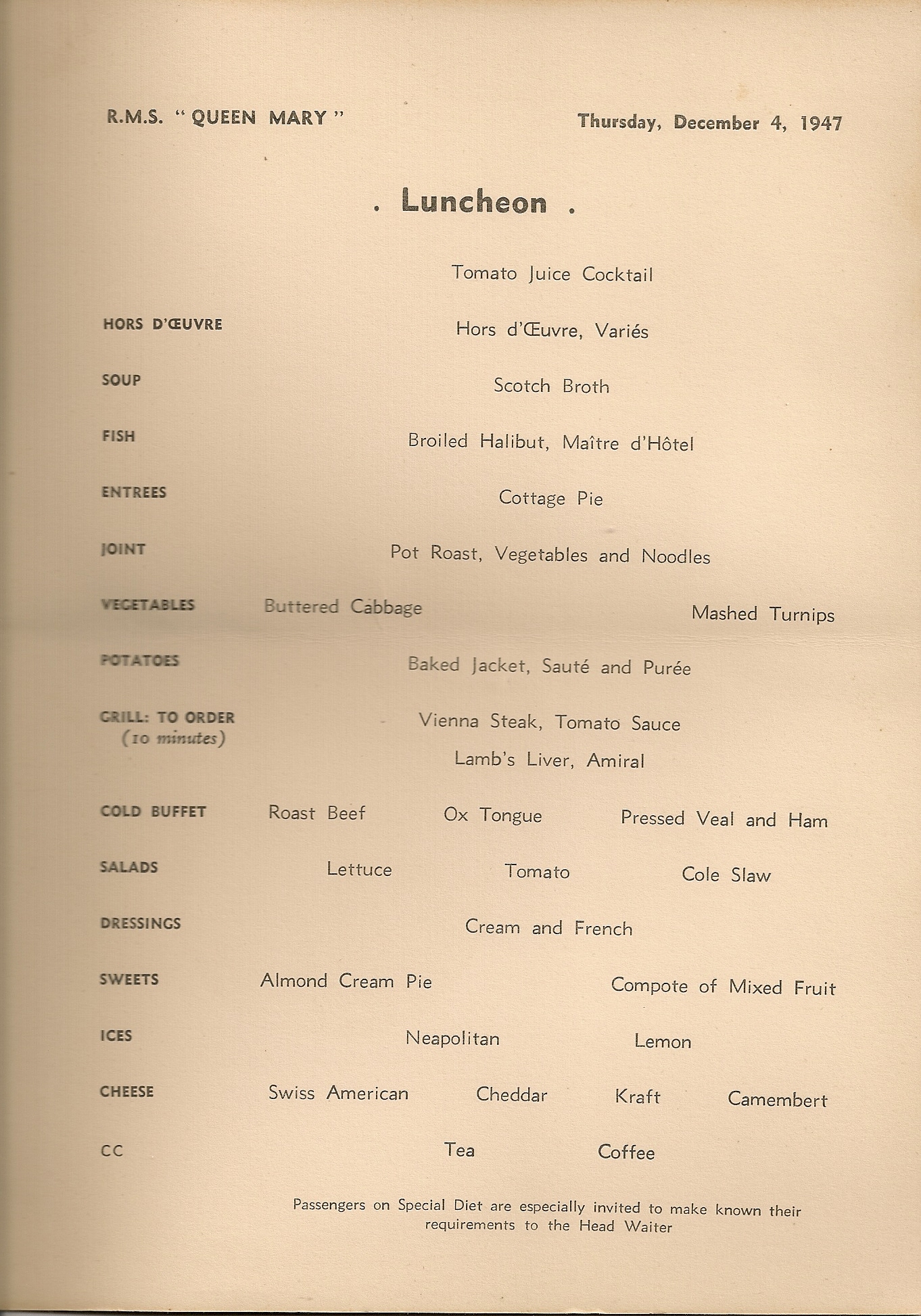 R.M.S. Queen Mary Luncheon Menu, Dec. 4, 1947, page 2