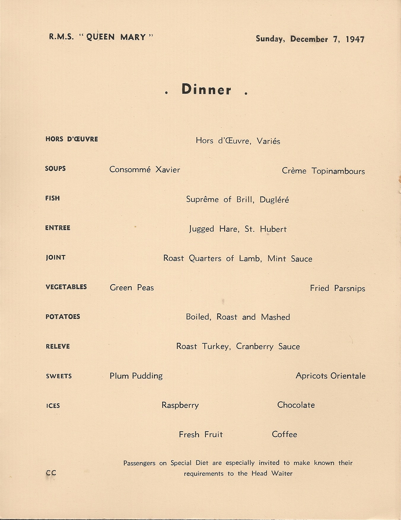 R.M.S. Queen Mary Dinner Menu, Dec. 7, 1947, page 2