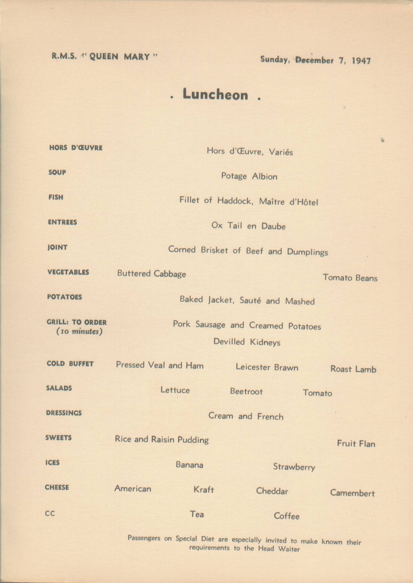 R.M.S. Queen Mary Luncheon Menu, Dec. 7, 1947, page 2