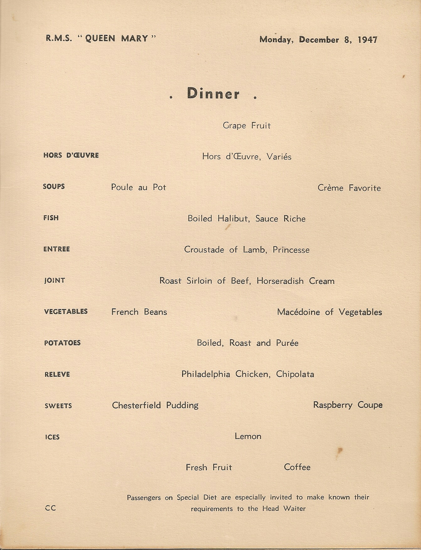R.M.S. Queen Mary Dinner Menu, Dec. 8, 1947, page 2