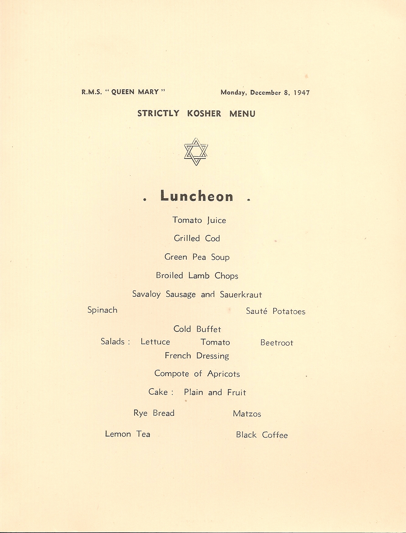 R.M.S. Queen Mary Kosher Luncheon Menu, Dec. 8, 1947, page 1