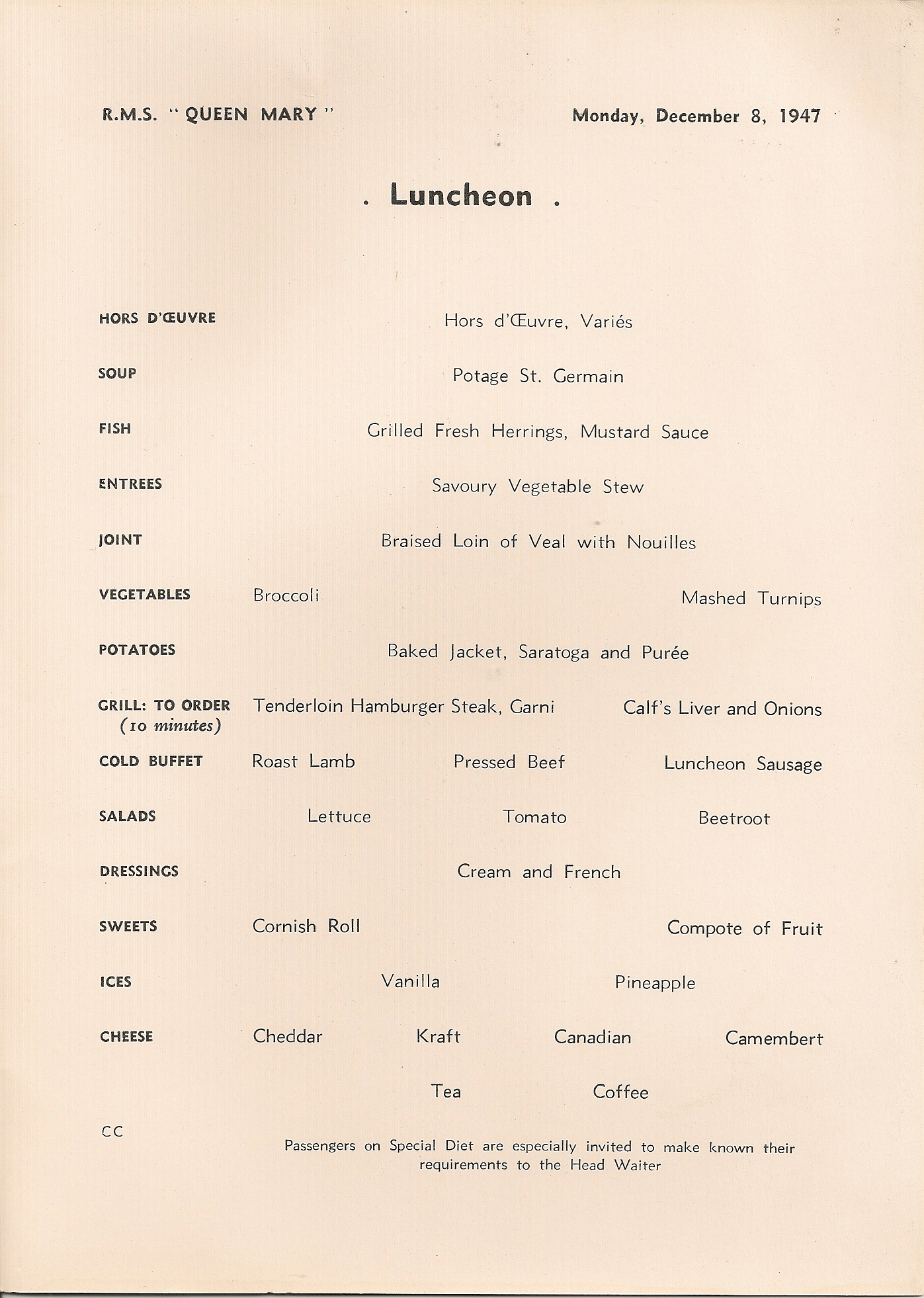 R.M.S. Queen Mary Luncheon Menu, Dec. 8, 1947, page 2