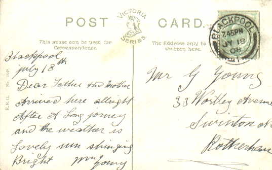'Storm at BlackPool' postcard, 1908, a daughter writing to her father George