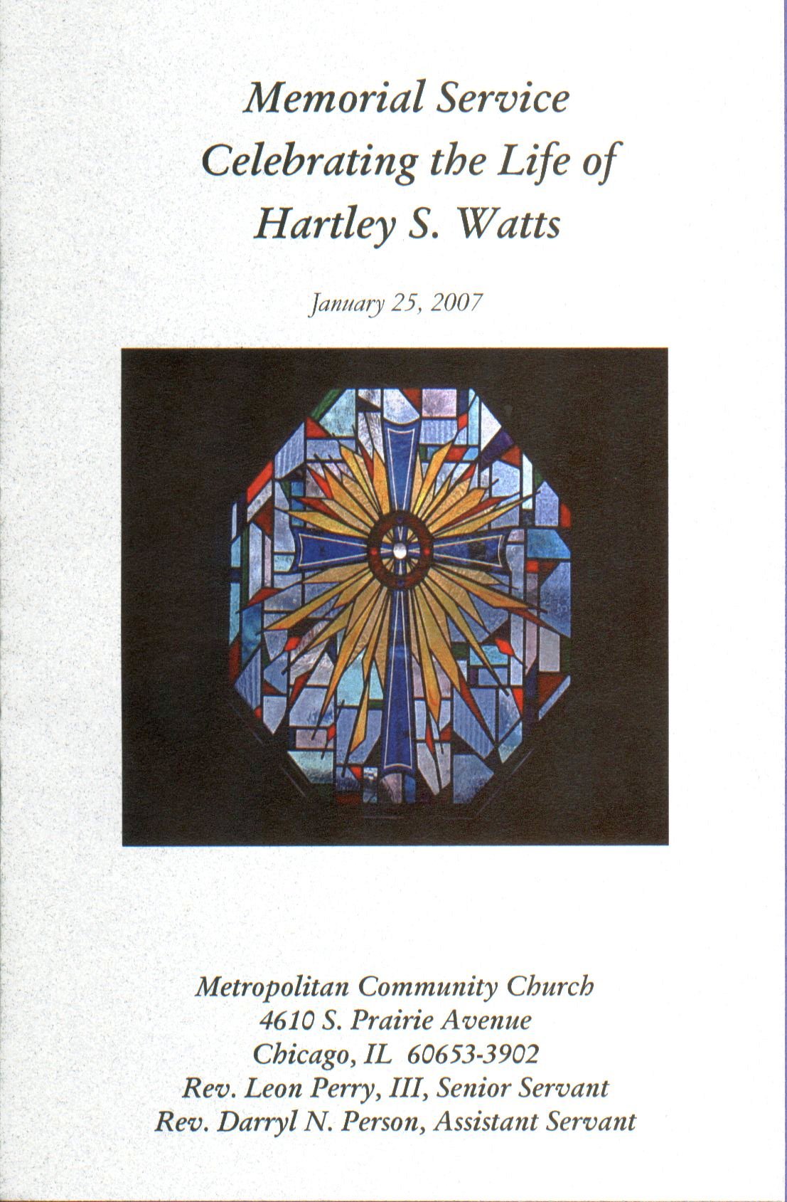 Hartley S. Watts Memorial Service Sheet, page 1
